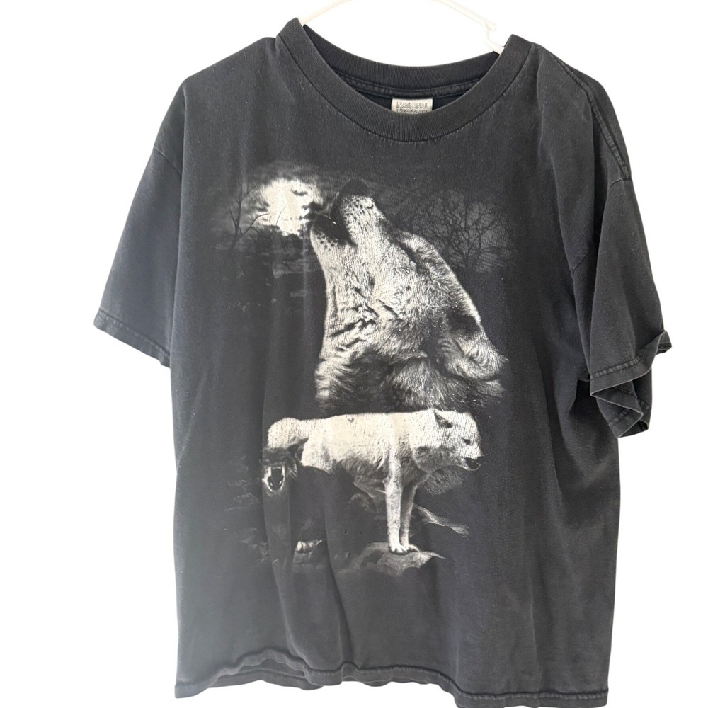 National Heritage‎ Wolf Graphic T Shirt Black Vintage Y2k Howling Moon L